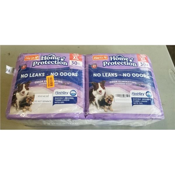 2 PACK HARTZ NO LEAK LAVENDER SCENT DOG PADS. 30 PADS PER PACK