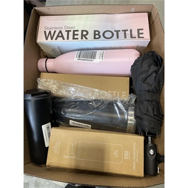 6 NEW WATER BOTTLES, AND UMBRELLA