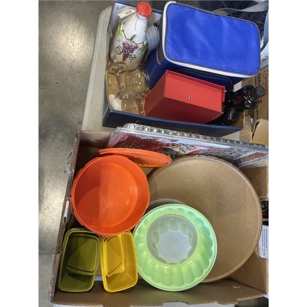 2 TRAYS OF KITCHEN ITEMS - VINTAGE TUPPERWARE, WINE GLASSES, ETC