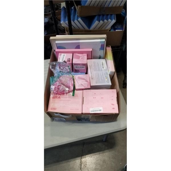 TRAY OF ASSORTED BEAUTY ITEMS INCUDING MOISTURIZING  MASK, STICKY BRA ,BOOB TAPE AND LASH KIT ETC