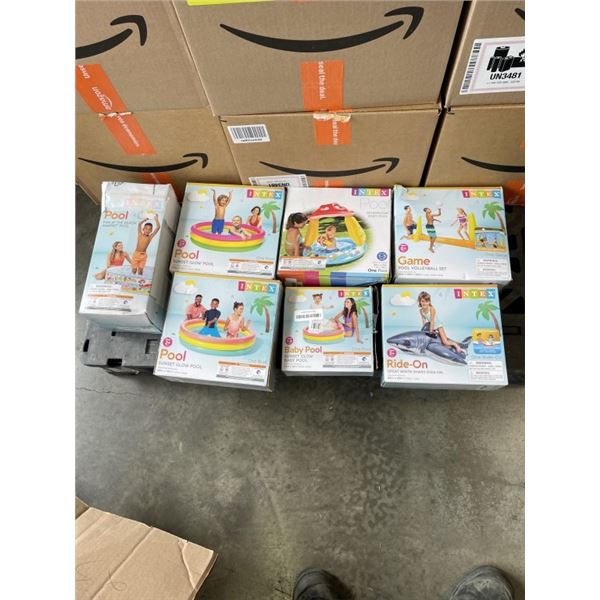 7 ASSORTED INTEX INFLATABLE AND HARD POOLS AND POOL TOYS
