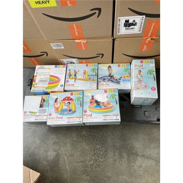 7 ASSORTED INTEX INFLATABLE AND HARD POOLS AND POOL TOYS
