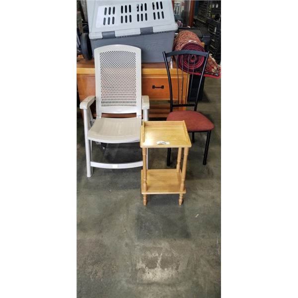 TELEPHONE TABLE AND SIDE CHAIR, WITH FOLDING PLASTIC PATIO CHAIR