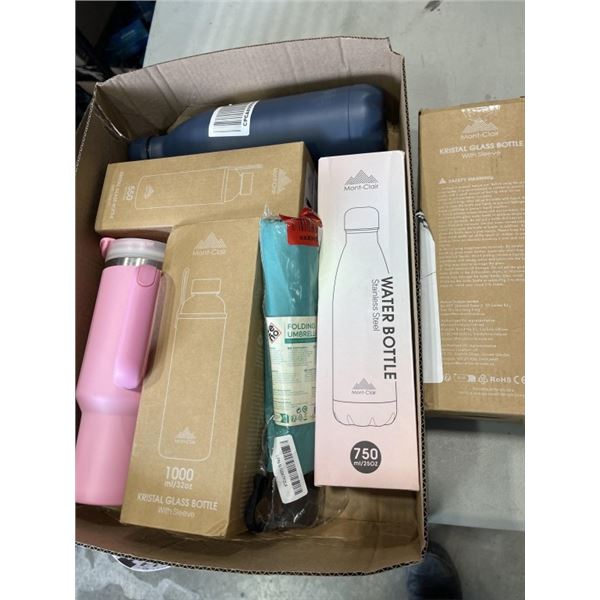 6 NEW WATER BOTTLES, AND UMBRELLA