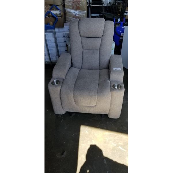 GREY/BEIGE  FABRIC CHAIR  W/ 2 CUPHOLDERS - MISSING MOTOR FOR RECLINER