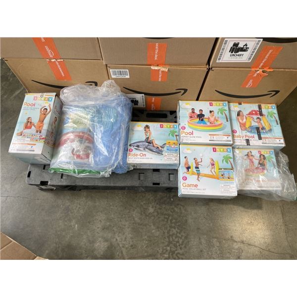 7 ASSORTED INTEX INFLATABLE AND HARD POOLS AND POOL TOYS