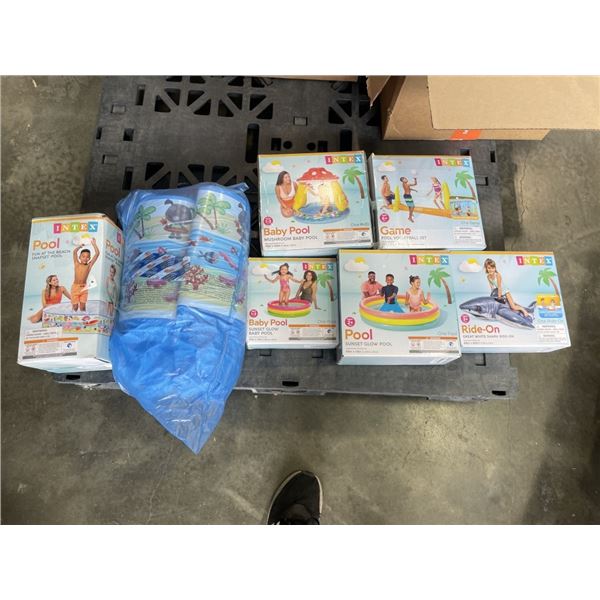7 ASSORTED INTEX INFLATABLE AND HARD POOLS AND POOL TOYS