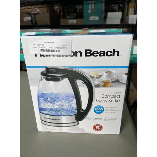 HAMILTON BEACH 1L COMPACT GLASS ELECTRIC KETTLE - TESTED WORKING