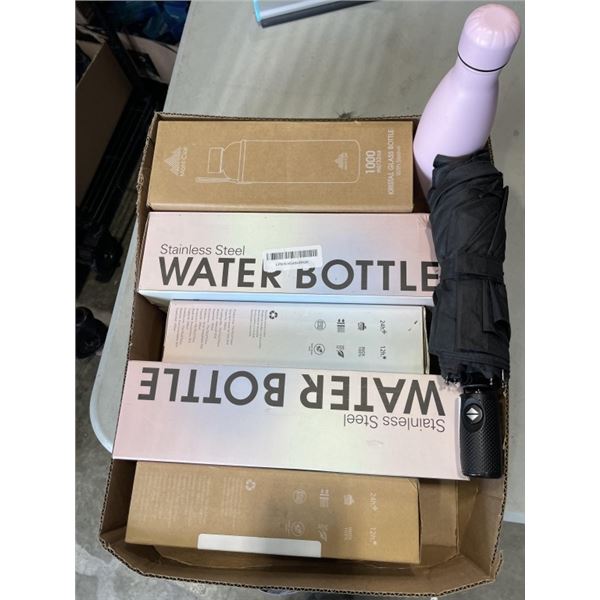6 NEW WATER BOTTLES, AND UMBRELLA