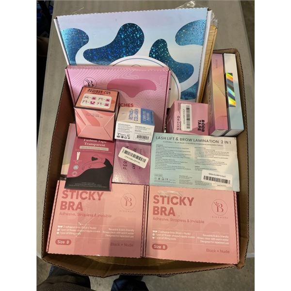 TRAY OF ASSORTED BEAUTY ITEMS INCUDING MOISTURIZING  MASK, STICKY BRA ,BOOB TAPE AND LASH KIT ETC