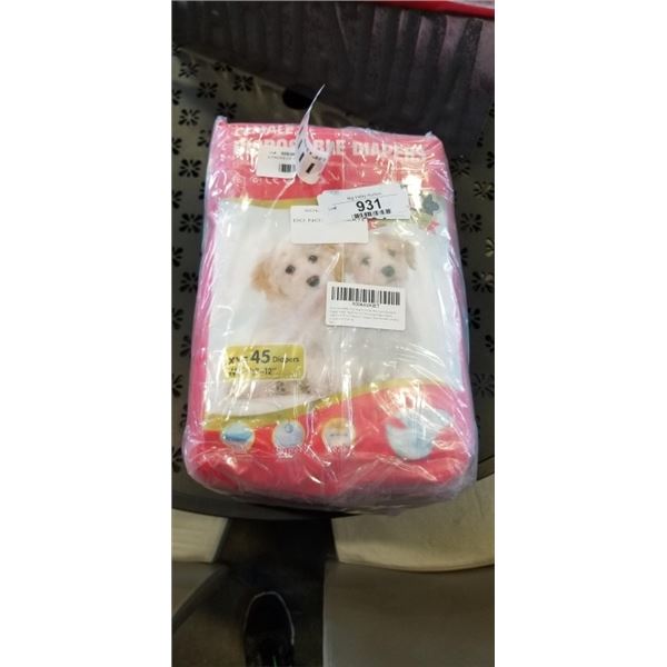 4 PACKS OF FEMALE DISPOSABLE DOG DIAPERS. 45 DIAPERS PER PACK. WAIST 7-12"