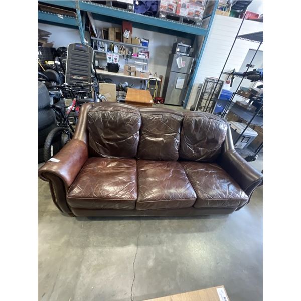 BROWN LEATHER SOFA WITH BRASS NAILHEAD