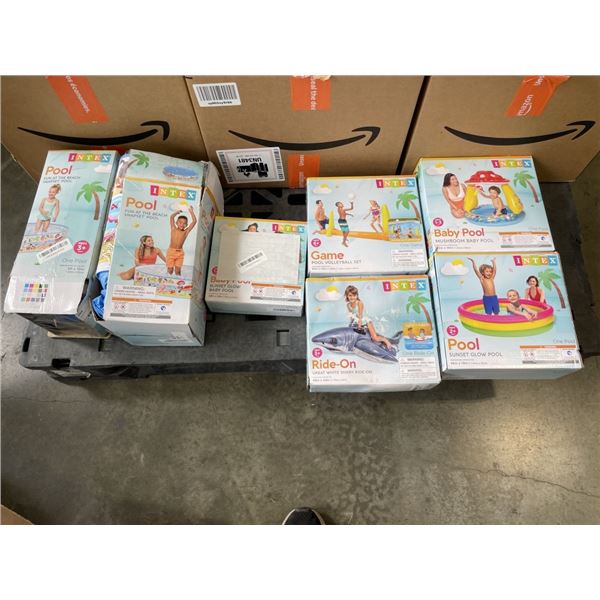 7 ASSORTED INTEX INFLATABLE AND HARD POOLS AND POOL TOYS