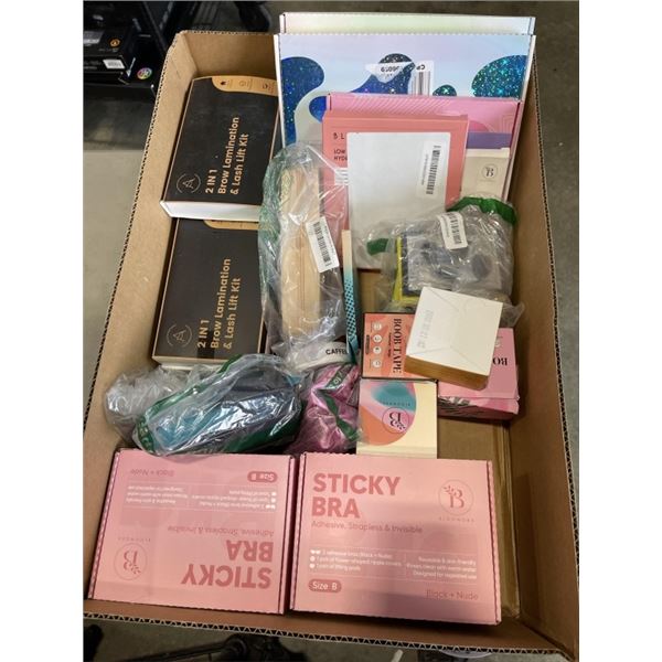 TRAY OF ASSORTED BEAUTY ITEMS INCUDING MOISTURIZING  MASK, STICKY BRA ,BOOB TAPE AND LASH KIT ETC