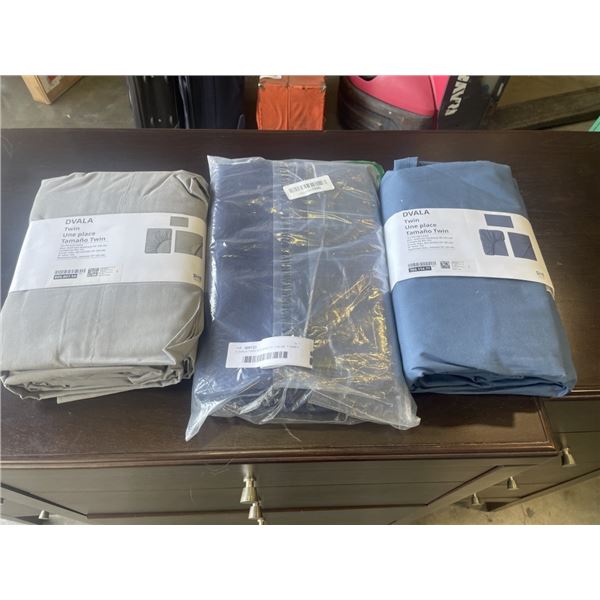 3 DVALA TWIN BED SHEETS. 2 BLUE, 1 GREY