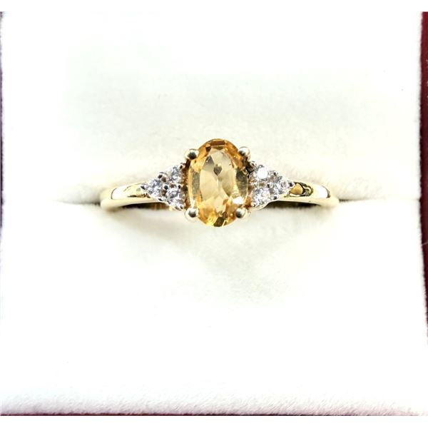 GOLD PLATED STERLING SILVER NATURAL CITRINE RING, SIZE 9, W/A $350.00. CITRINE IS THE BIRTHSTONE FOR