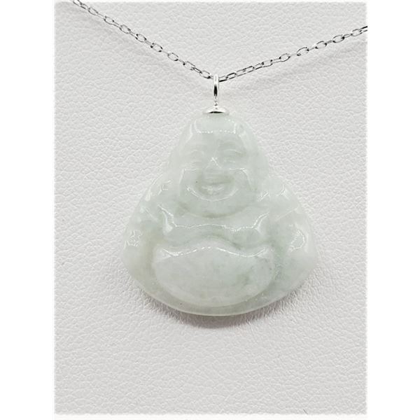 STERLING SILVER NATURAL JADEITE LAUGHING BUDDHA PENDANT WITH STERLING SILVER CHAIN, W/A $650.00.