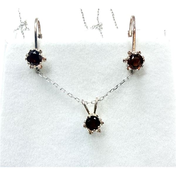 STERLING SILVER NATURAL GARNET LEVER BACK EARRINGS AND PENDANT WITH STERLING SILVER CHAIN, RETAIL $4