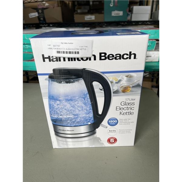HAMILTON BEACH 1.7L GLASS ELECTRIC KETTLE - TESTED WORKING