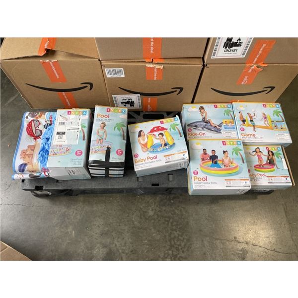 7 ASSORTED INTEX INFLATABLE AND HARD POOLS AND POOL TOYS