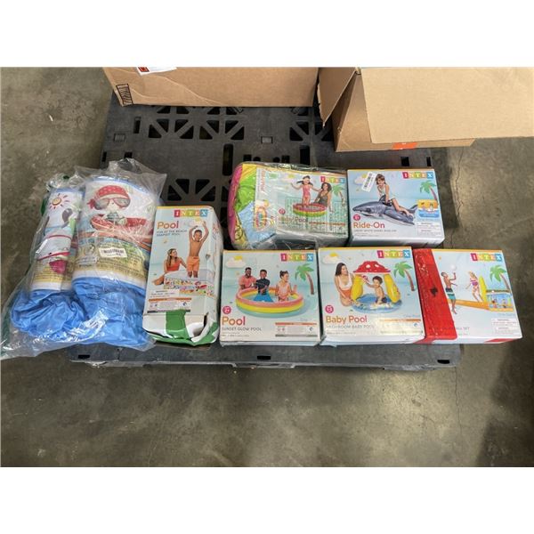 7 ASSORTED INTEX INFLATABLE AND HARD POOLS AND POOL TOYS
