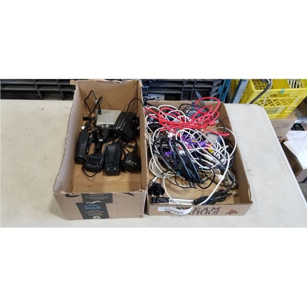 2 BOXES OF WALKIE TALKIES, CHARGE CORDS, AND CABLES