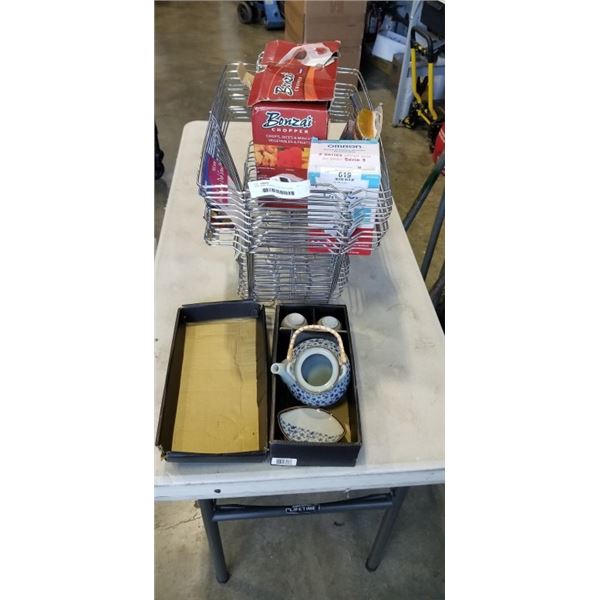 NEW WIRE BASEKTS, TEA SET, FOOD CHOPPER, ETC