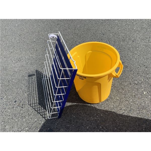 YELLOW BRUTE GARBAGE BIN AND ISLED RACK
