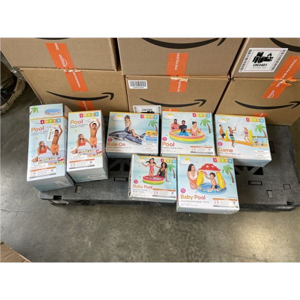 7 ASSORTED INTEX INFLATABLE AND HARD POOLS AND POOL TOYS