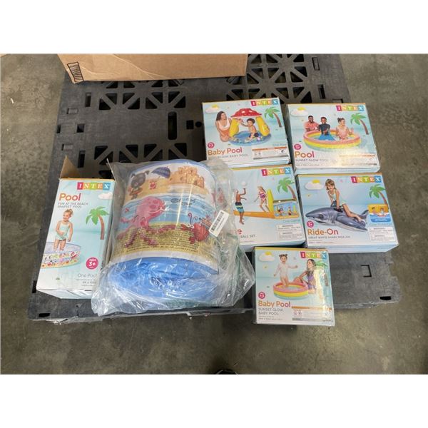 7 ASSORTED INTEX INFLATABLE AND HARD POOLS AND POOL TOYS