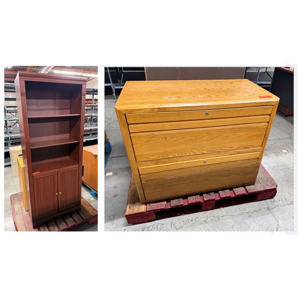 Wooden Shelf w/ Undercabinets & Lateral 2-Drawer Filing Cabinet, Misc Sizes