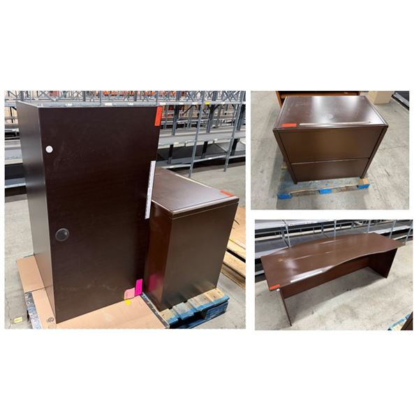 Qty 2 Wooden Filing Cabinets & 2 Desks, Misc Sizes