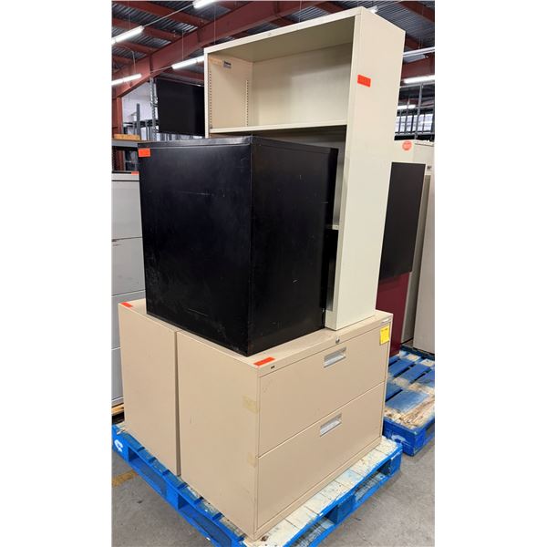 Qty 3 Filing Cabinets & 2-Tier Book Shelf, Misc Sizes