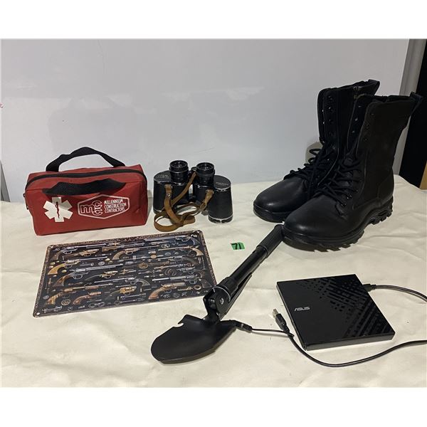 Boots NEED SIZE, binoculars, CD reader, portable shovel