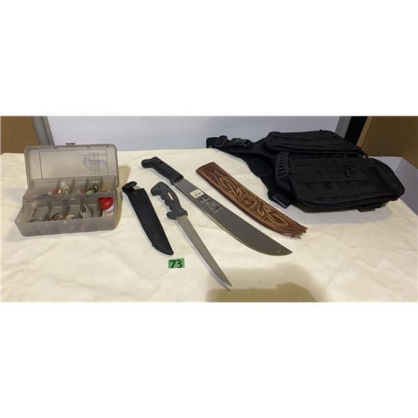 Box of fishing lures, 2 hunting knives and carrying case