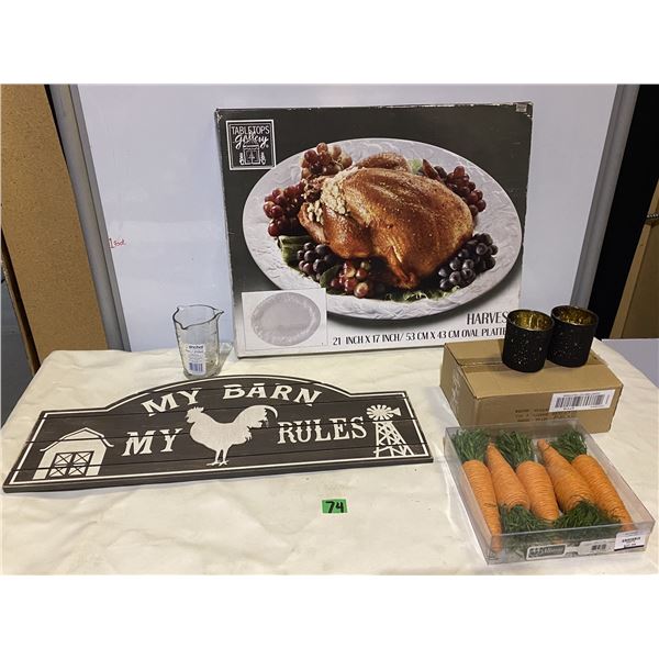 Lot of new items including farm wall art, turkey platter, candle holders and more