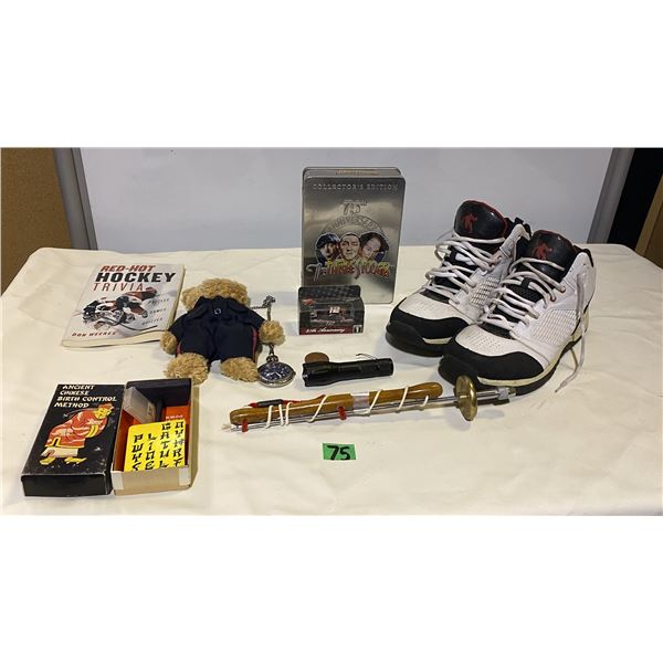 Assorted lot of collectables including teddy, birth control joke, hockey trivia book, Air Jordans me