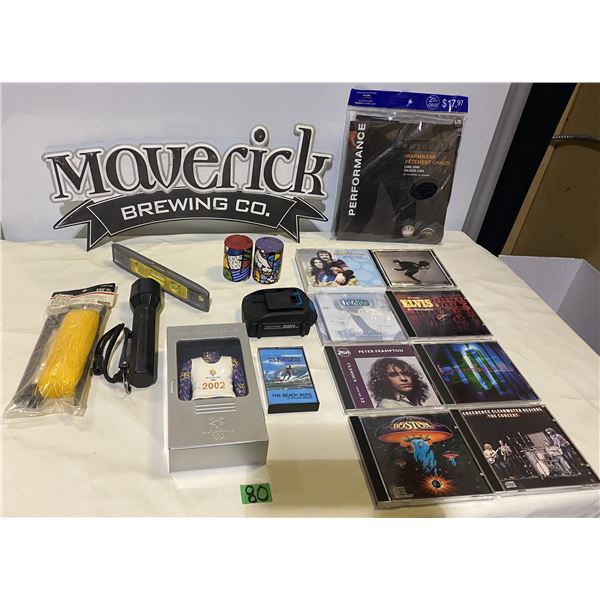 8 Music CDs various artists, Maverick brewing co wall sign, flashlight, men's long-johns and more
