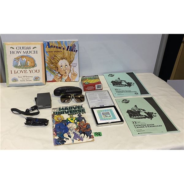 Children's book, comic book, sunglasses, batman car, office/school supplies and more