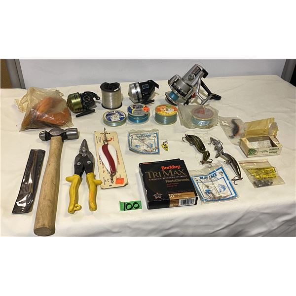 Lot of fishing lures, fishing reels, hand tools and more