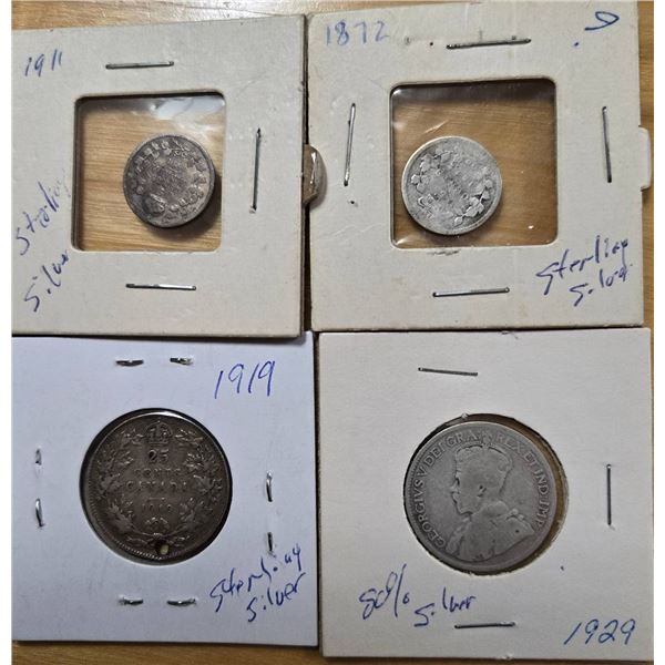4 Canadian Silver Coins 1872-1929