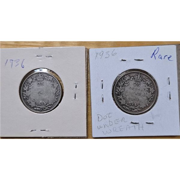 1936 Canada 25 Cents Dot Varietie- 2 Coins