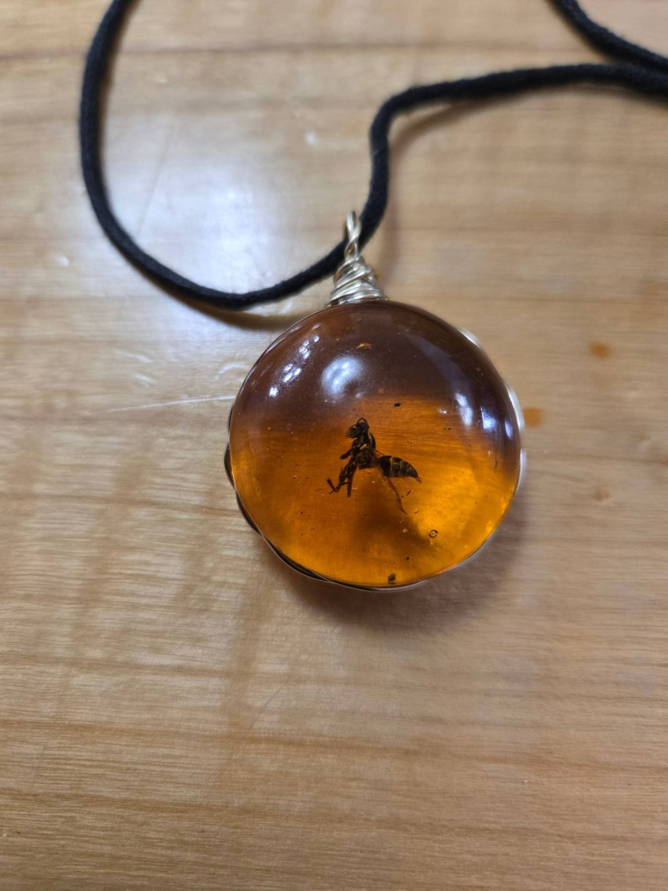 Silver Wire Wrapped Amber with Insect