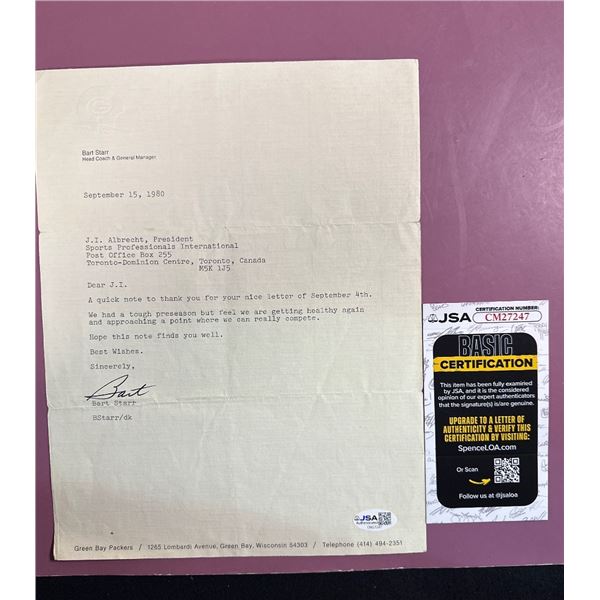 Bart Starr Signed 1980 Green Bay Packers Letterhead Typed Letter JSA COA