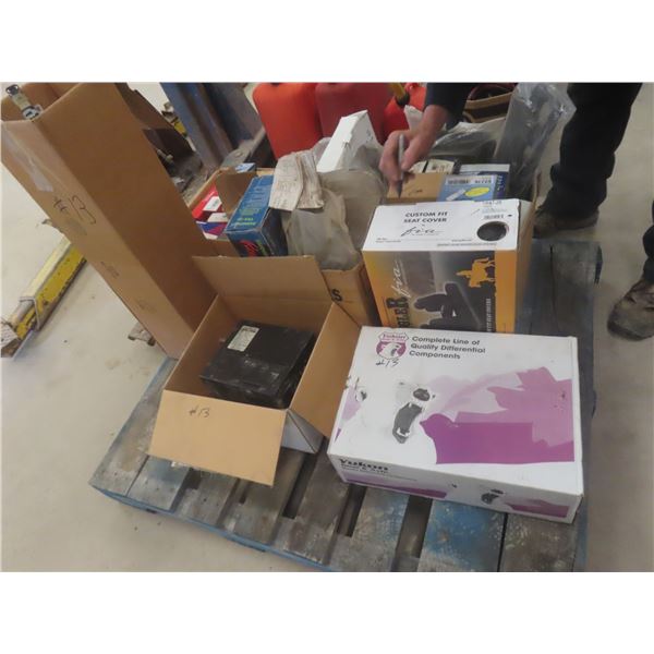 Pallet Lot, New – Ford 9-3/4" Diff Gear Set, 12V Water Heater, Partial Seat Cover Set