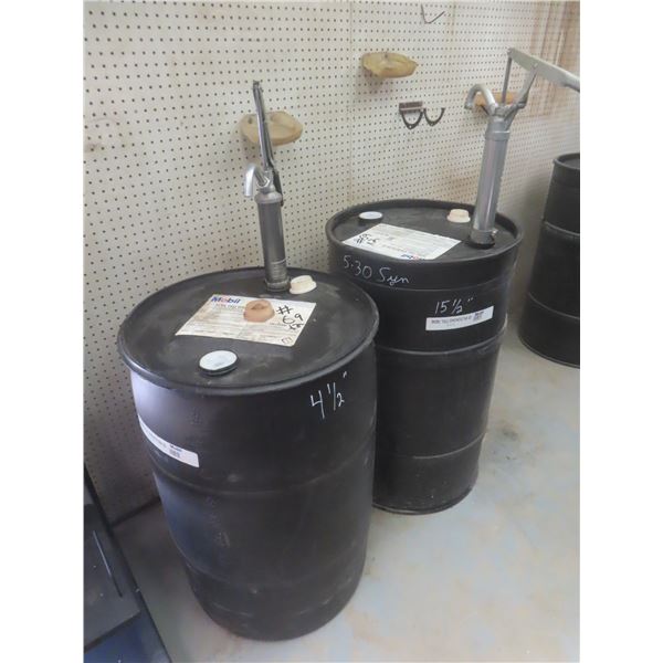 Mobil Full Synthetic Oil – 0W-20 (4-1/2" Left) and 5W-30 (15-1/2" Left), w/ Barrel Pumps