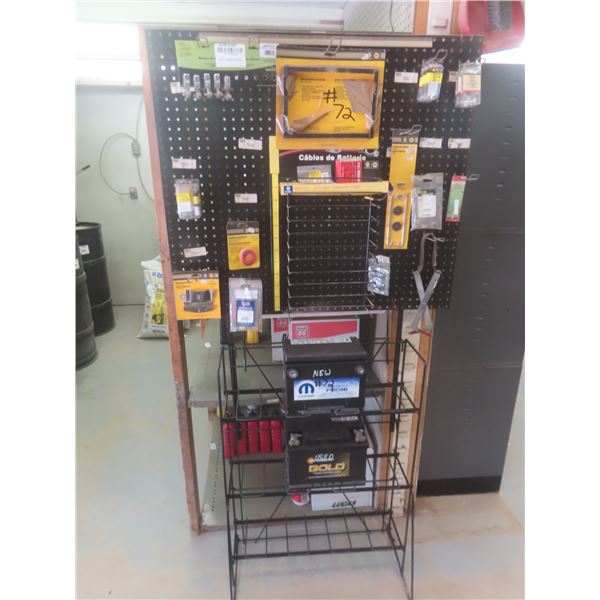 Battery Rack w/ Peg Board Display, w/ Accessories and 2 Batteries (1 New, 1 Used)