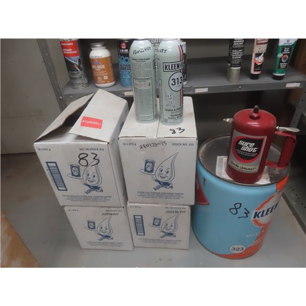 New, 40 Cans Kleen-Flo Brake Cleaner, 1/4 Pail #323 Brake Cleaner, and Pressurized Brake Cleaner
