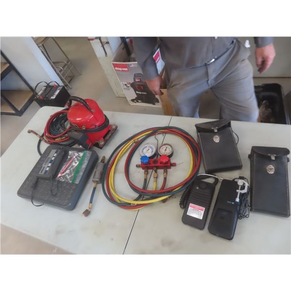 Refrigerant Gauge Set, Vacuum Pump, Scale, Thermometer, Leak Detector, and Electronic Sight Glass
