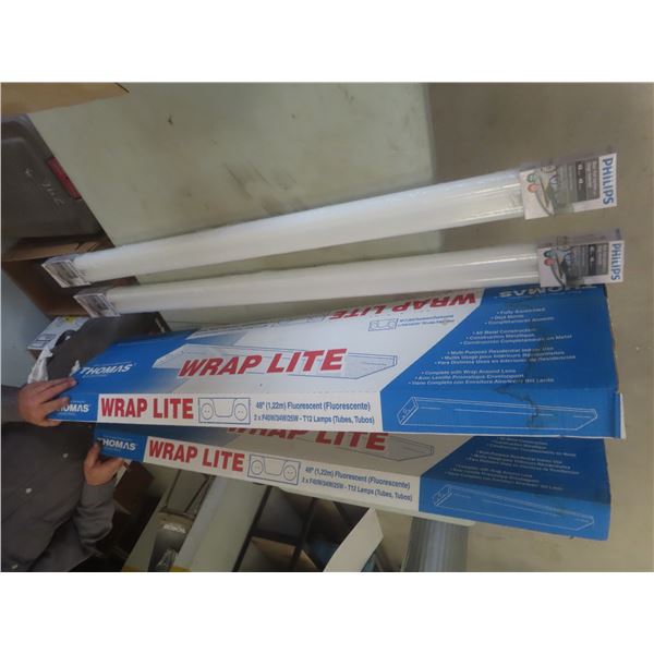 New, 2 Fluorescent Light Fixtures, 48", and 2 Pkgs Replacement Bulbs